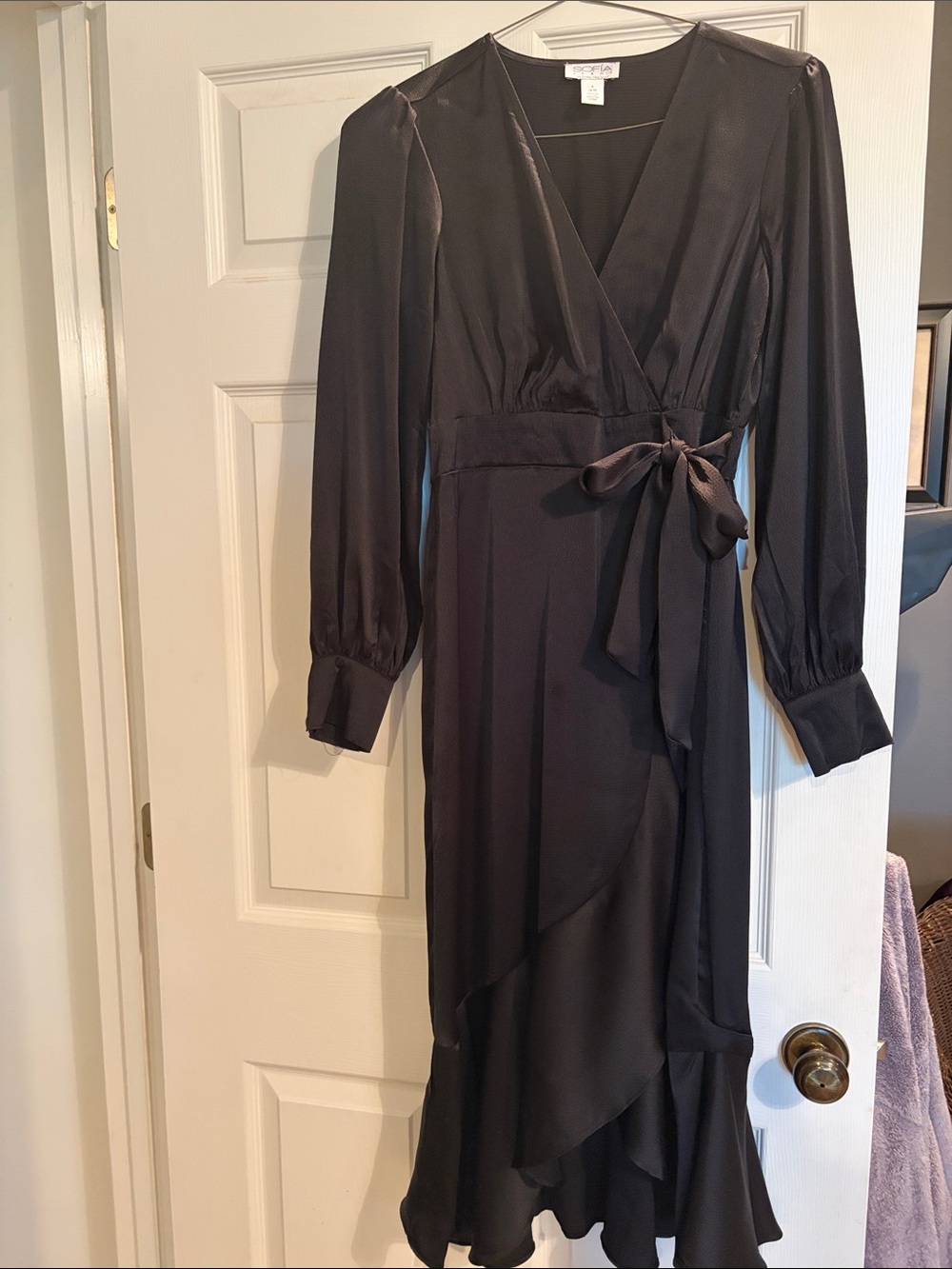 sofia by sofia vergara Black Satin Wrap Midi Dress with Tie Waist
